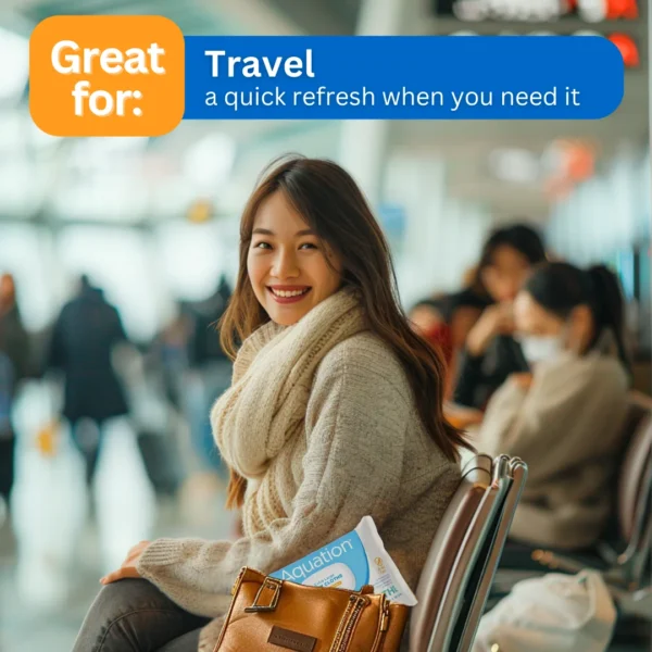 Aquation body wipes in a woman's travel bag at the airport with woman smiling
