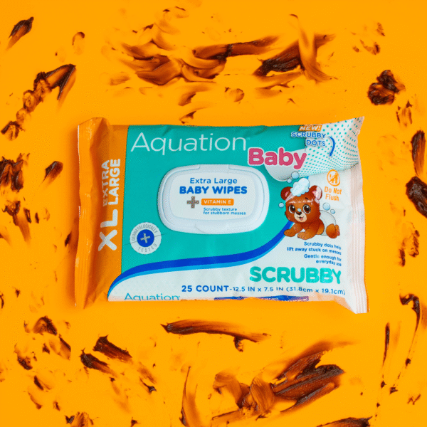 Aquation Baby XL Scrubby Wipes in the middle of a mess